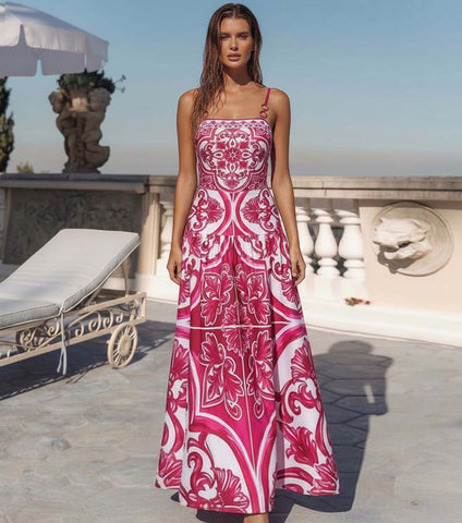 Sling Classic Majolica Series Pattern Print One Piece Swimsuit and Skirt or Shorts	