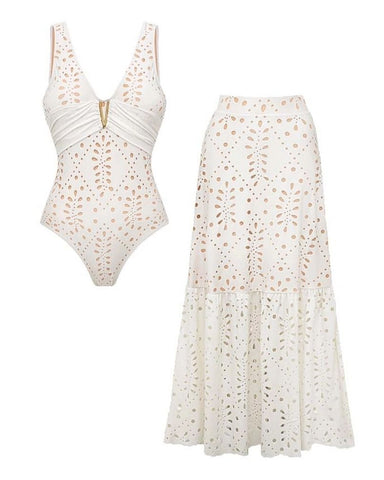 V Neck Solid Color Laser Cutting Flower One Piece Swimsuit and Skirt	