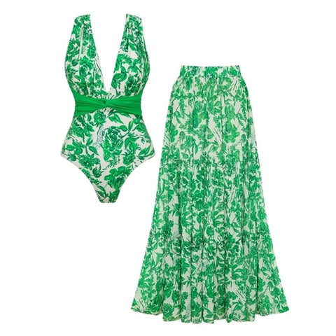 V Neck Printed One Piece Swimsuit and Skirt