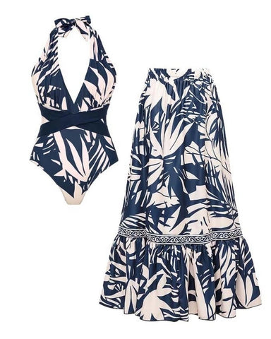 V Neck Leaves Print One Piece Swimsuit and Pants/Skirt