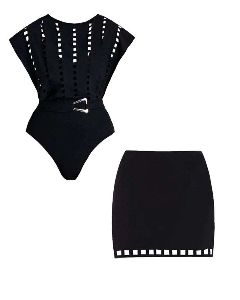 Black Hollow Design One Piece Swimsuit and Skirt