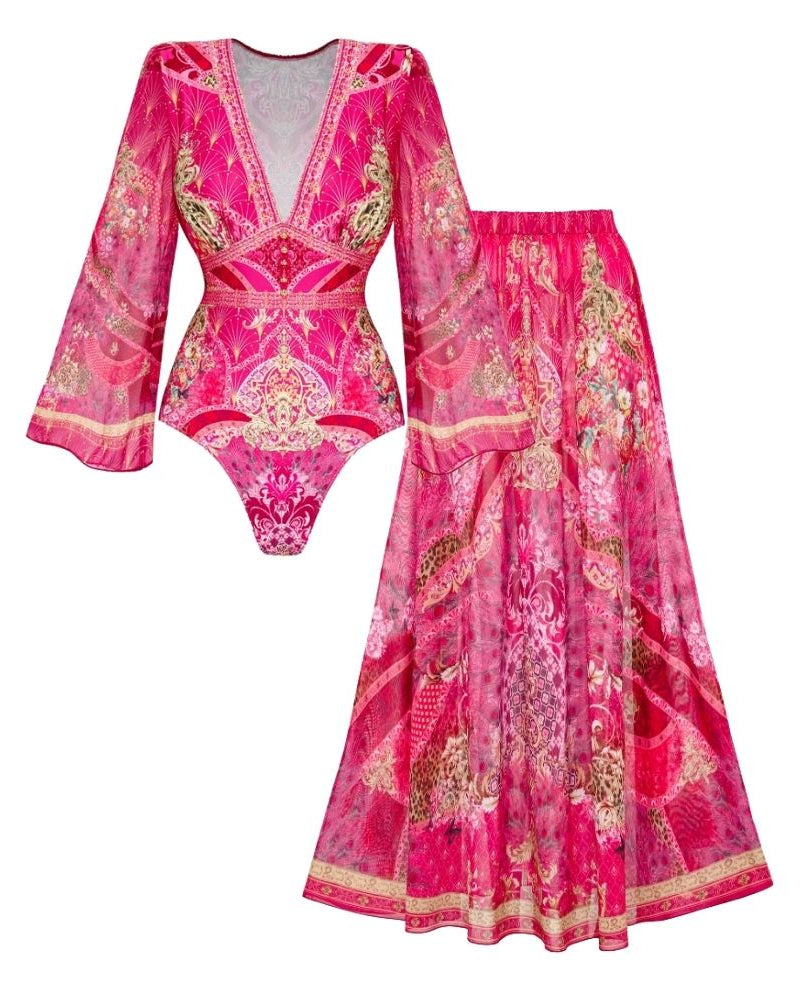 Long-sleeved Rose Red Blooming Flower Print One Piece Swimsuit and Skirt