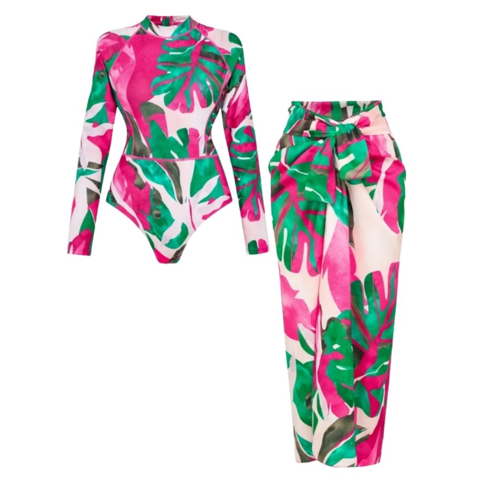Abstract Rose Red Contrast Print Long sleeve One Piece Swimsuit and Skirt	