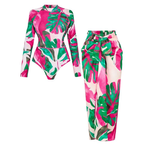 Abstract Rose Red Contrast Print Long sleeve One Piece Swimsuit and Skirt	