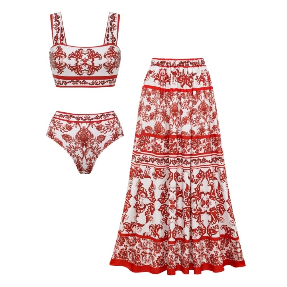 Red Flower Totem Pattern Print Bikini and Skirt	