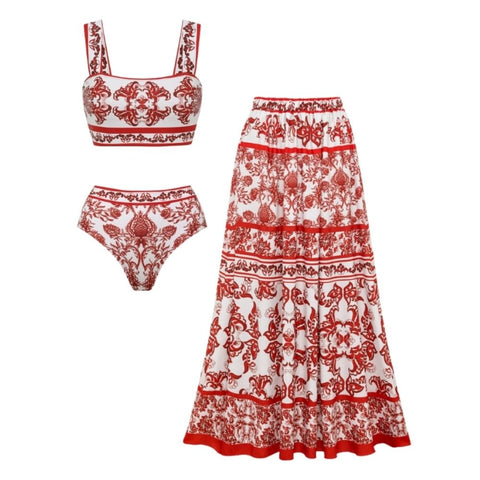 Red Flower Totem Pattern Print Bikini and Skirt	