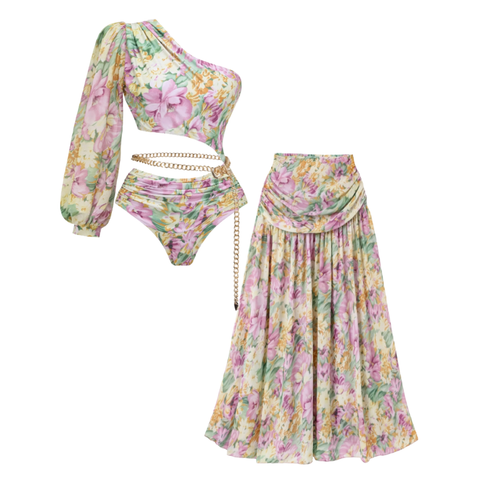 One Shoulder Cut out Blossom Printed One Piece Swimsuit and?skirt Flaxmaker	