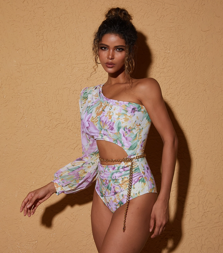One Shoulder Cut out Blossom Printed One Piece Swimsuit and?skirt Flaxmaker	
