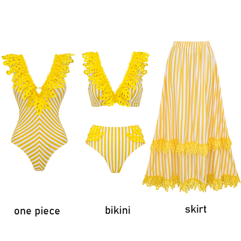 V-neck Yellow Stripes Swimsuit Set(s)