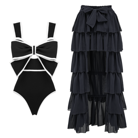 Black and White Bow Decor One Piece Swimsuit and Skirt Flaxmaker	