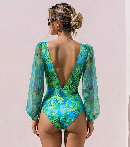 Long-sleeved Jungle Green Print One Piece  Swimsuit and Skirt