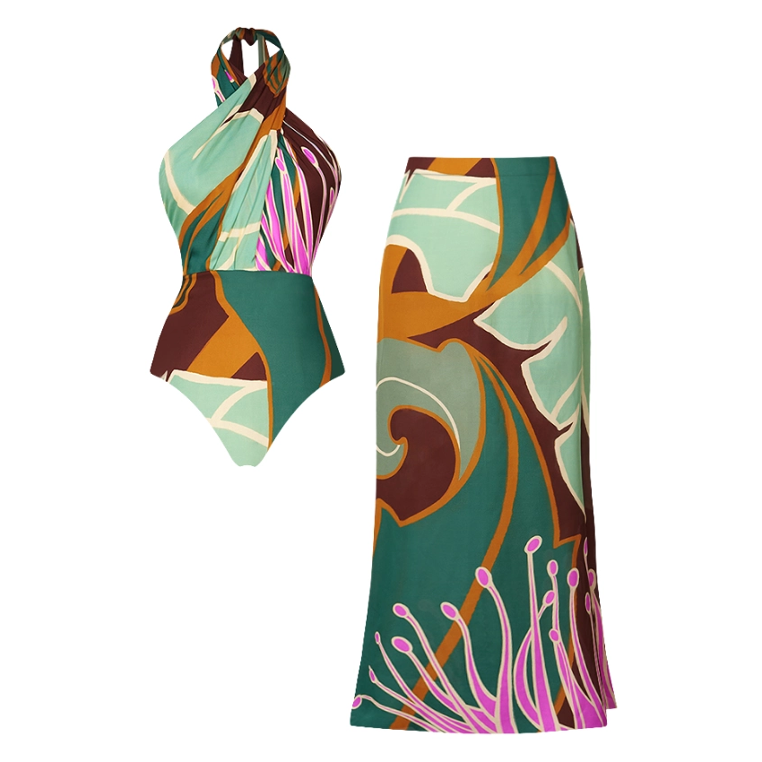 Halter Printed One Piece Swimsuit and Skirt Flaxmaker	