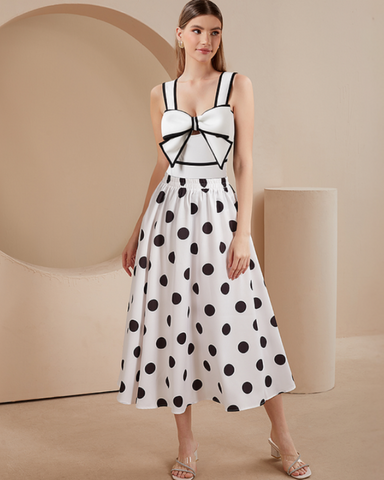 Bow Front Cutout Black and White One Piece Swimsuit and Skirt