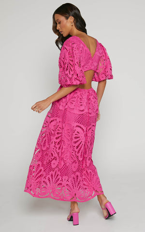 V Neck Puff Sleeve Lace Dress