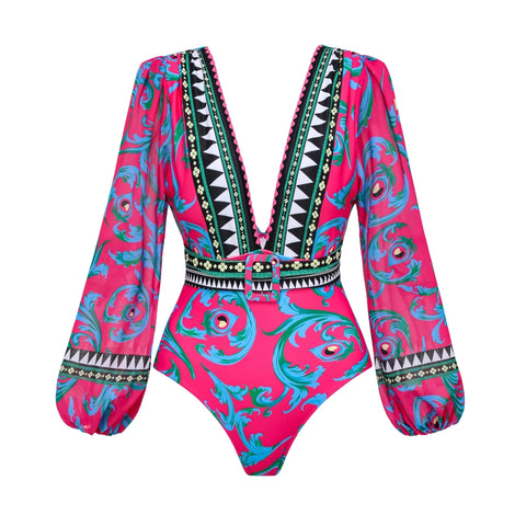 Long-sleeved Peacock Totem Print One Piece Swimsuit and sarong