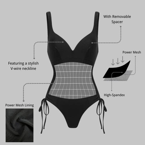 V-Neck Side Seam Drawcord Body Shaping Tummy Control One-Piece Swimsuit