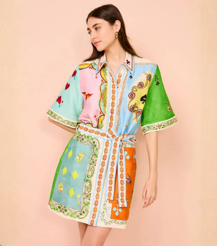 Short Sleeve Color Block Printed Mini Dress