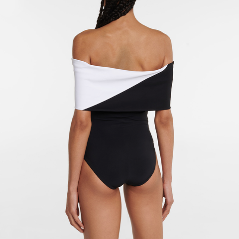 Off Shoulder Color Block One Piece Swimsuit and Skirt	