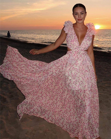 Backless V Neck Printed Dress
