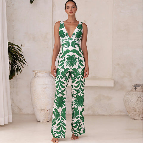 V Neck Green Printed Knotted at Waist Tummy Control One piece Swimsuit and Skirts or Pants	