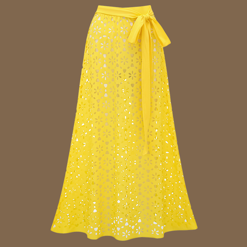 Yellow Color Laser Cutting Flower Hollow One Piece Swimsuit and Skirt	