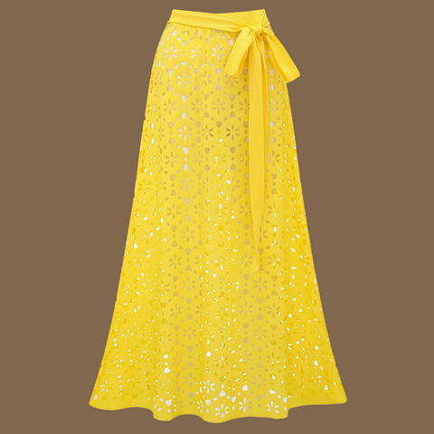 Yellow Color Laser Cutting Flower Hollow One Piece Swimsuit and Skirt	