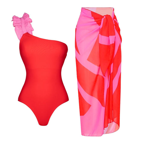 One Shoulder Color Block One Piece purple	