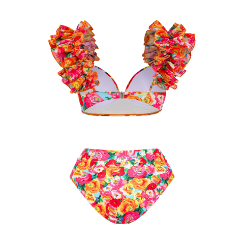 Ruffled Straps Floral Print Bikini Swimsuit and Skirt