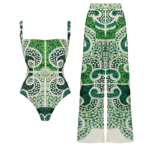 Garden Printed One Piece Swimsuit and sarong