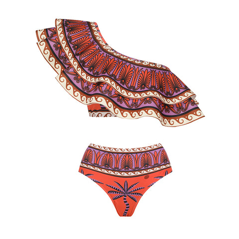 One Shoulder Ruffle Printed Bikini Swimsuit and Skirt