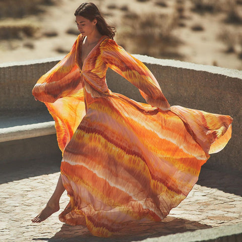 V Neck Chiffon Long Sleeve Orange One Piece Swimsuit and Skirt