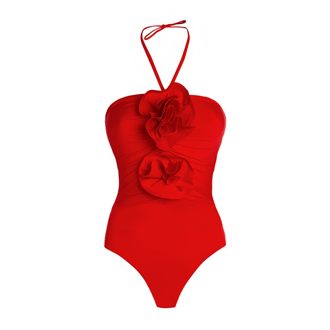 Halter 3D Flower One Piece Swimsuit and Skirt