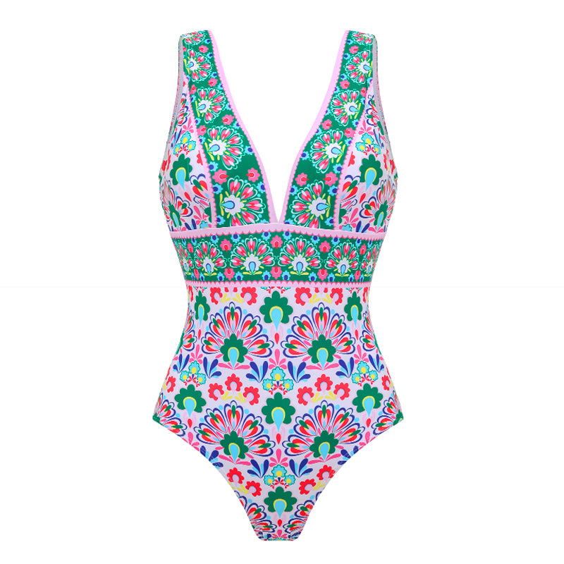 V Neck Printed One Piece Swimsuit and Skirt	