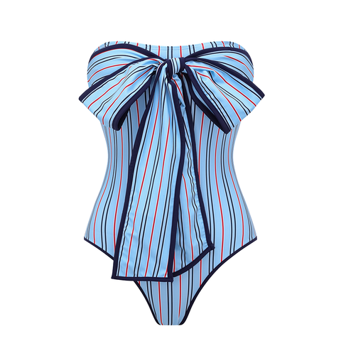Multi-Way Striped Bowknot One Piece Swimsuit and Skirt	