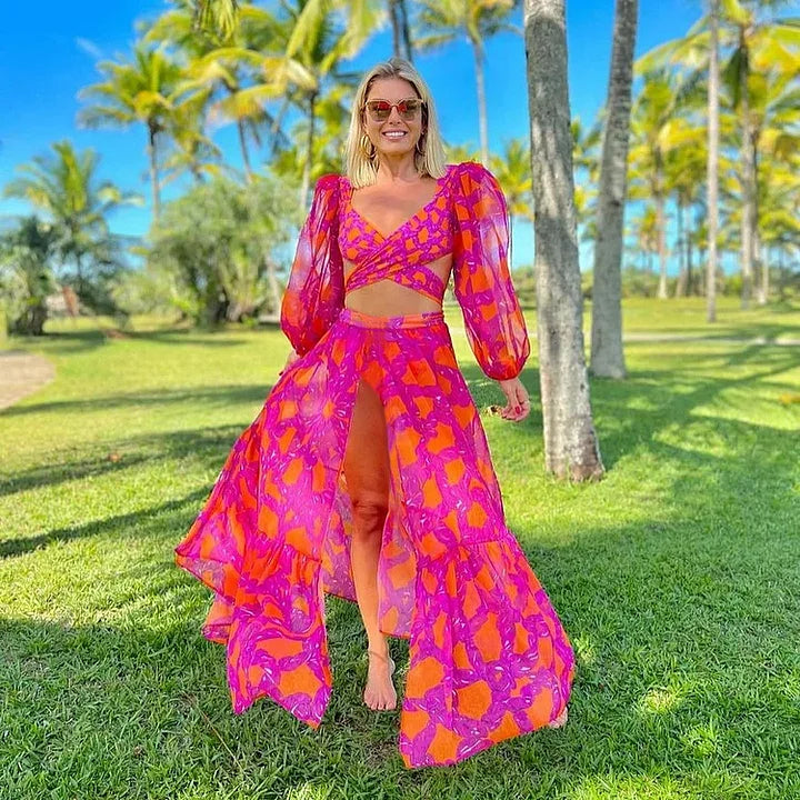 Long Sleeve V Neck Printed Bikini Swimsuit and Skirt Flaxmaker	