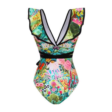 V Neck Bow-tie Oil Painting Print One Piece Swimsuit and sarong