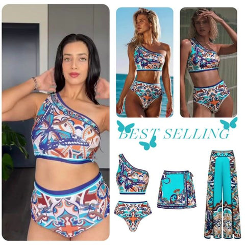 Butterfly and Dragonfly One Shoulder Hollow Print Bikini Swimsuit and Skirt	