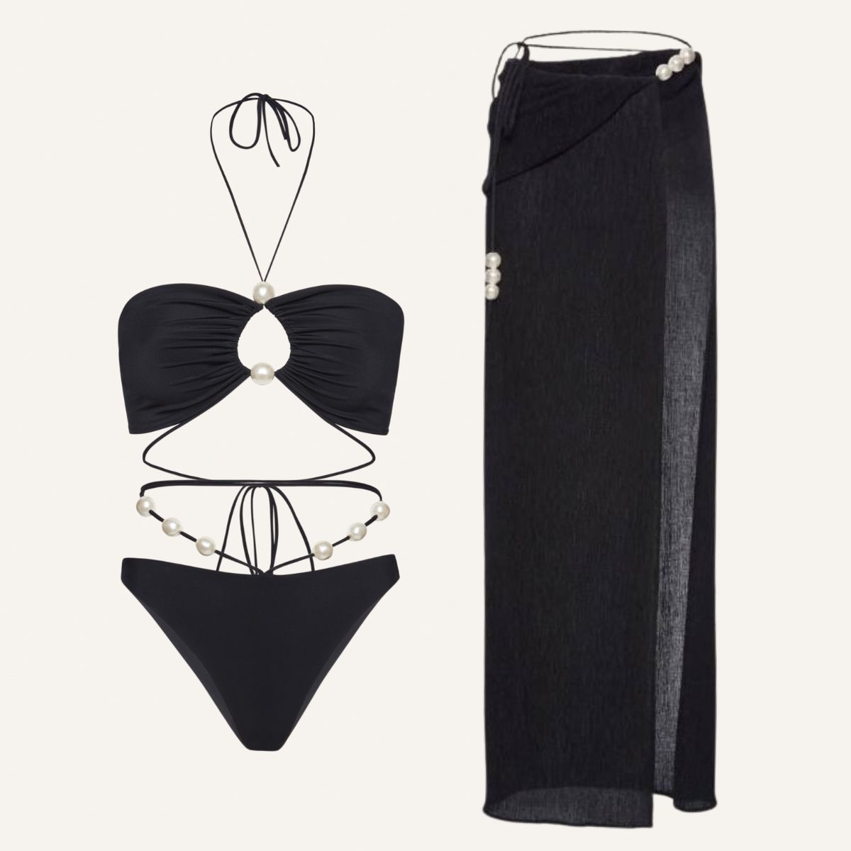 Halterneck Pearl Bandeau High Waist Bikini Swimsuit and Sarong	