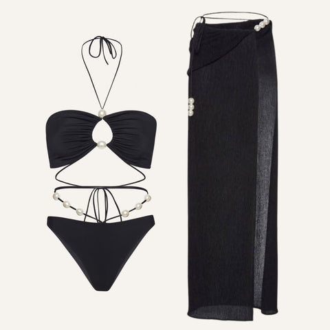 Halterneck Pearl Bandeau High Waist Bikini Swimsuit and Sarong	