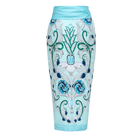 Sling Blue Jewelry Series Pattern Print One Piece Swimsuit and Skirt or Sarong	
