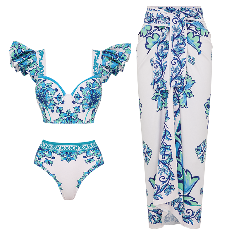 Ruffle Majolica Print Bikini Swimsuit and Sarong or Pants	