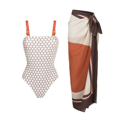 Reversible Graphic Printed Beaded One Piece Swimsuit and Sarong