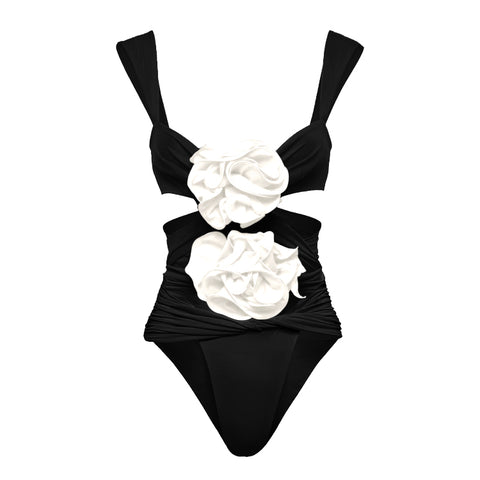 3D Flower Cutout One Piece Swimsuit and Skirt