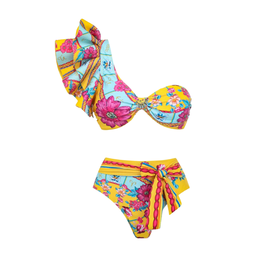 Constellation Flower Print Ruffled Bikini Swimsuit and Sarong	
