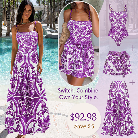 Sling Classic Majolica Series Pattern Print One Piece Swimsuit and Skirt or Shorts