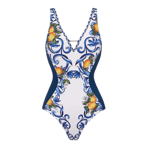 V Neck Lemon Printed Swimsuit Set(s)	