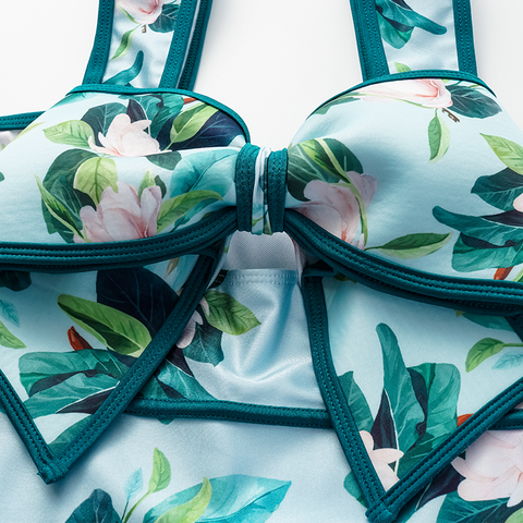 Bow Decor Mangnolia Print One Piece Swimsuit and Skirt	