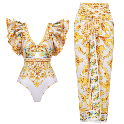 Ruffle V Neck  Golden Majolica Print One Piece Swimsuit and Scooter skirt