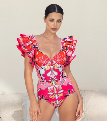 Ruffle Sleeves Red and Pink Pattern One Piece Swimsuit and Skirt	