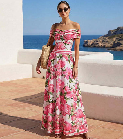 Ruched Off Shoulder Flower Print One Piece Swimsuit and Skirt	